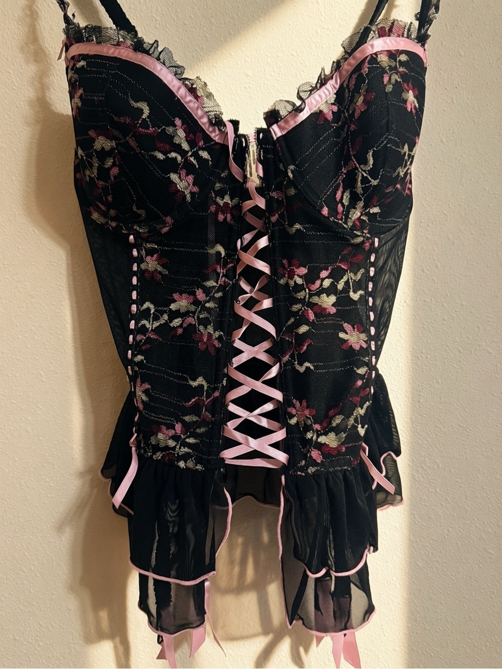 Womens Y2K Lace Corset Top Black Pink Feminine Doll Coquette Bustier Size S/M
